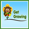 blue box with green border, yellow flower with face in the center, Get Growing written in green text